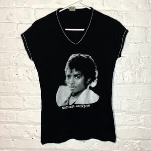 Vintage‎ 80s Michael Jackson Womens Large V Neck T Shirt Music Band Black Tee
